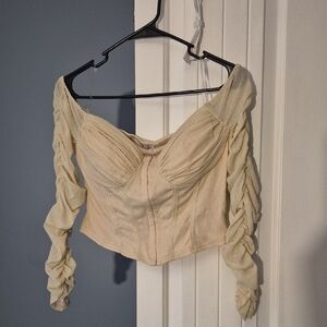 Fashion Nova Cream Ruched Sleeve Blouse